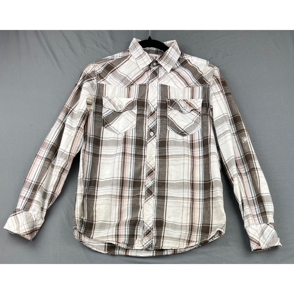 Chalc Plaid Western Shirt Mens Small Brown White Snap Button Long Sleeve Fair